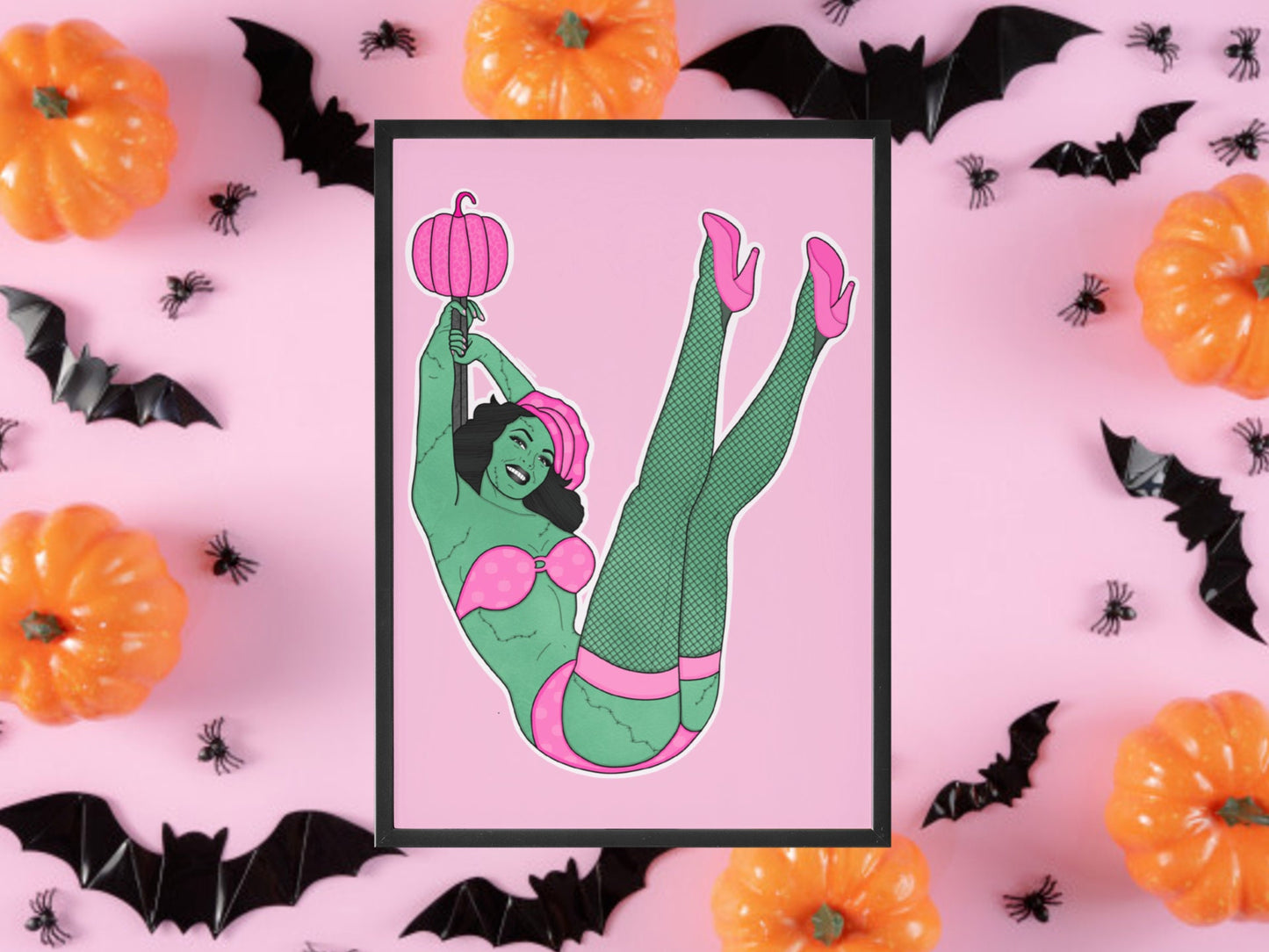 Pumpkin Pin Up Girl Inspired Print, Halloween Decor, Horror Gift, Horror Decor, Horror Print, Spooky Decor, Spooky Art